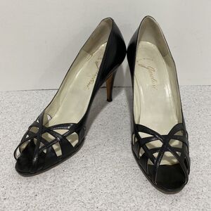 Vintage Garolini black Italian leather high heel shoes open toe pump cutout 9.5N